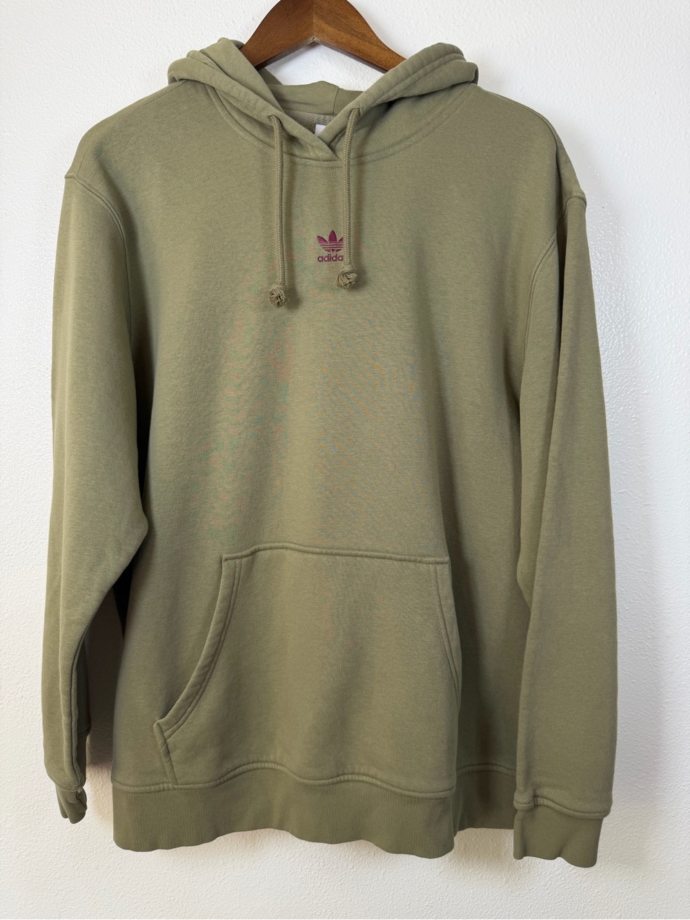 Adidas Olive Green Pullover Hoodie with Small Maroon Logo